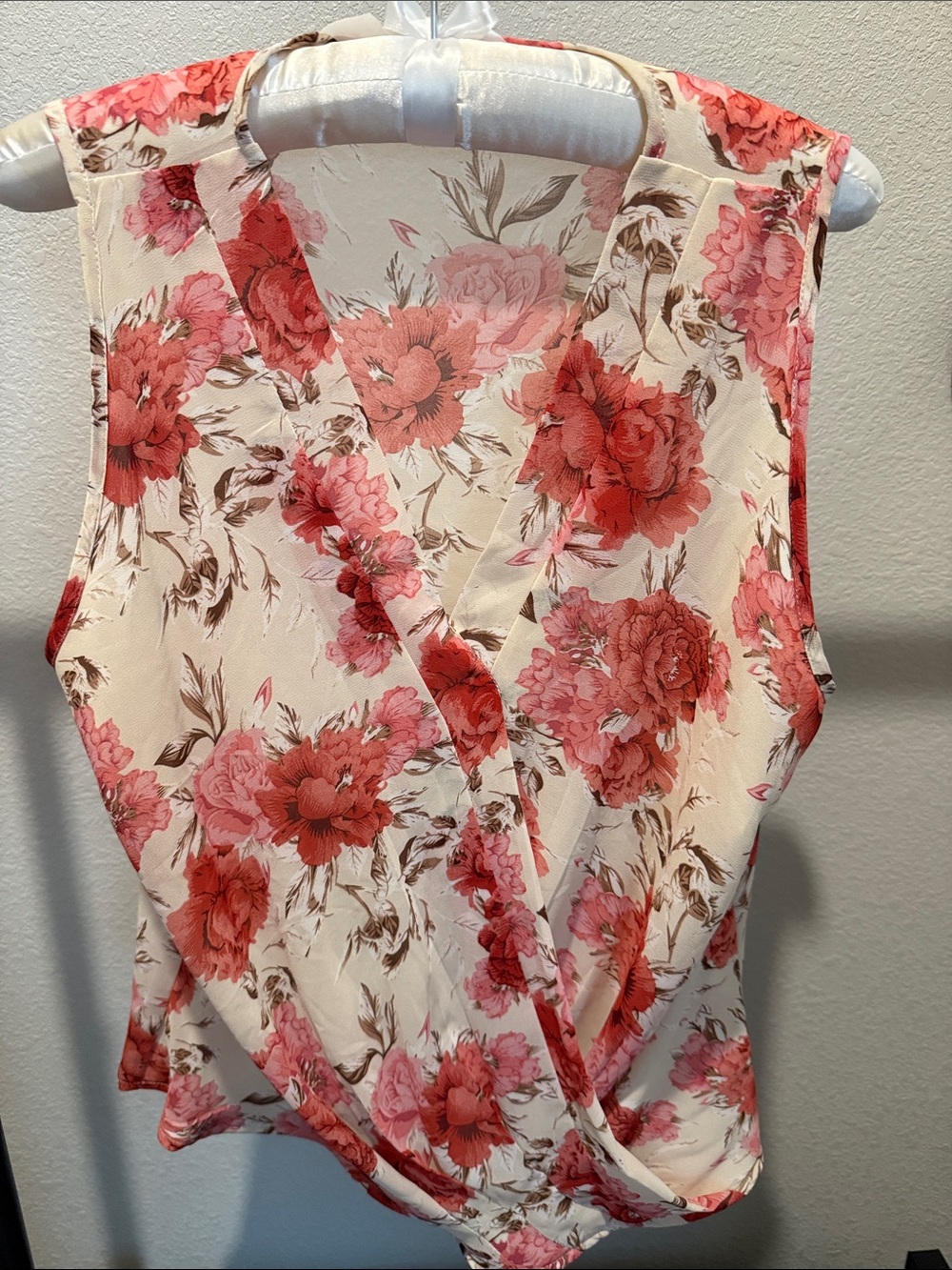 Sleeveless Floral Wrap Blouse in Cream with Pink Blossoms